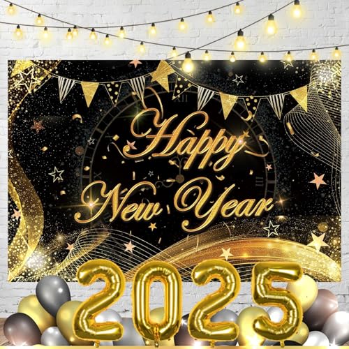 Silvester Party Dekoration 2025 Groß Happy New Year Hintergrund Banner Neujahr Hängende Wirbel Dekorationen XXL 2025 Luftballons 2025 Neujahr Party Supplies (Banner + Ballons) von Sunwuun