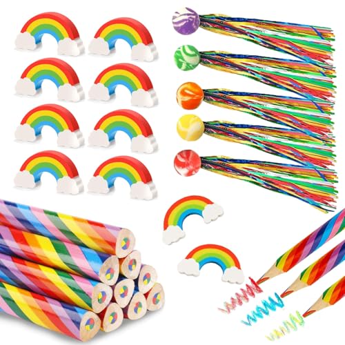 Sunwuun 10 Stück Regenbogenstift Set,10 Stück Regenbogenstift Regenbogen Radiergummi Hüpfball,Mitgebsel Kindergeburtstag Gastgeschenke,Regenbogen Deko Kindergeburtstag (10) von Sunwuun