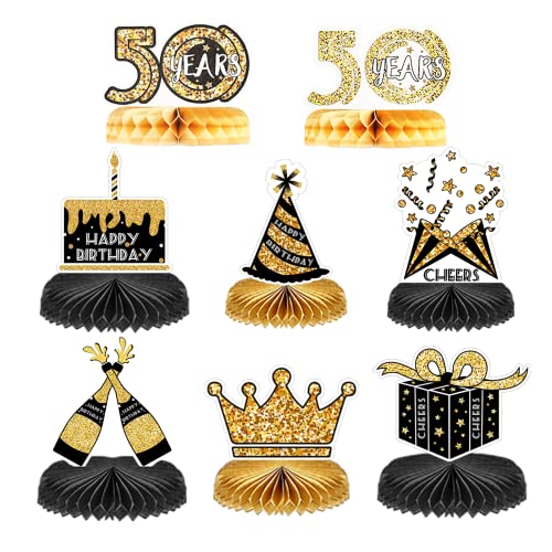 Sunwuun 8 Stück 50.Geburtstag Bienenwabe Mittelstücke Happy Birthday Party Dekoration Zubehör Geburtstag Preisverleihung Zeremonie Tisch Topper Deko Set,50 Jahre alt Desktop Geburtstagsdeko von Sunwuun