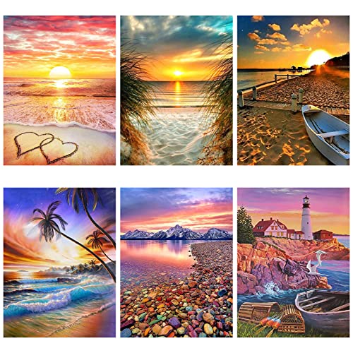 SupLetsico 6 Stück Diamond Painting Set für Erwachsene, Diamont Malerei Sonnenuntergang Strand, DIY 5D Diamond Painting Bilder Full Drill für House Wall Dekoration(30x40cm) von SupLetsico