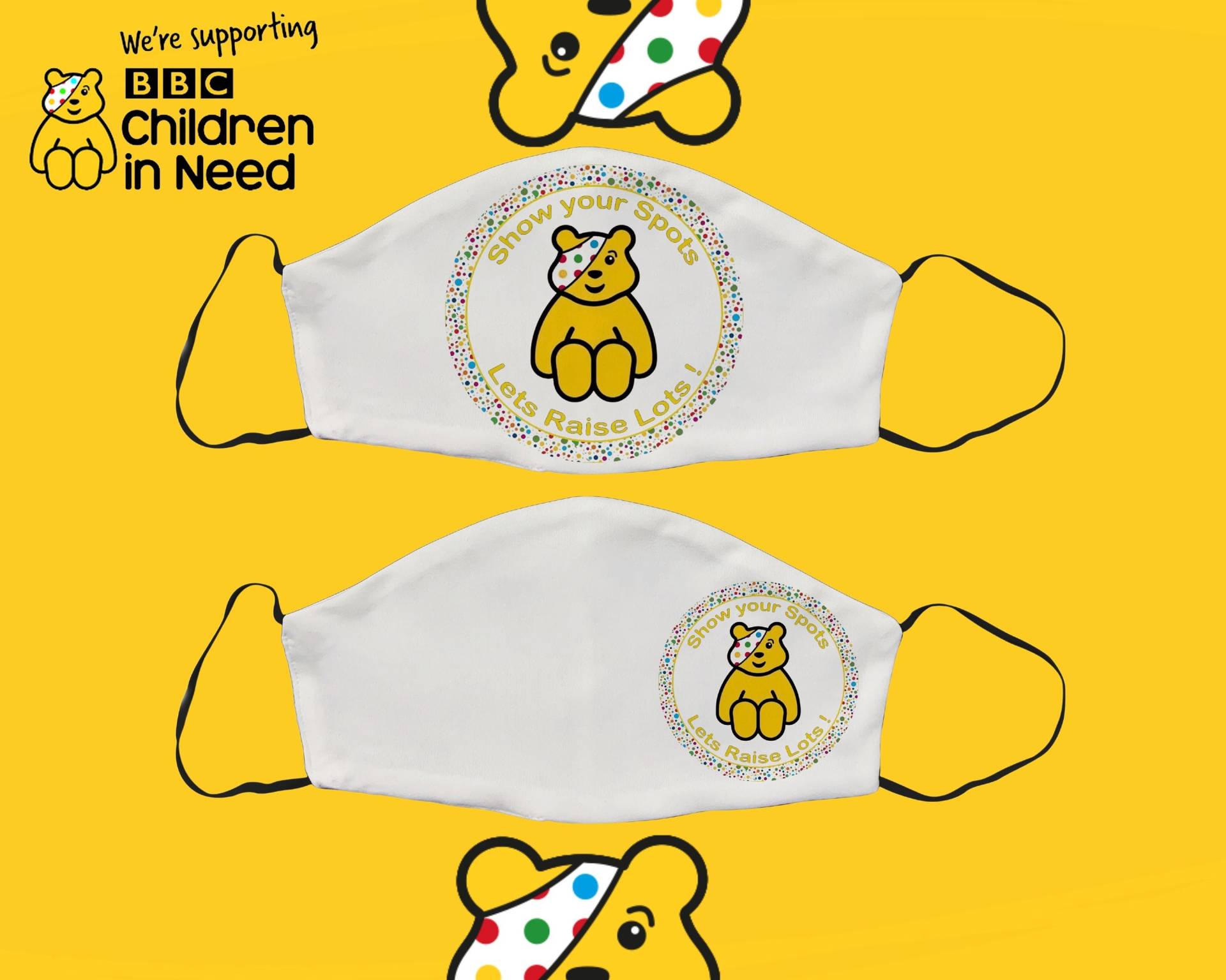 Pudsey Gesichtsmaske, Kinder Maske in Not, Baumwolle Charity Maske, Verstellbare Gesichtsbedeckung Mit Filtertasche, Erwachsene Gesichtsmaske von SupaCustom