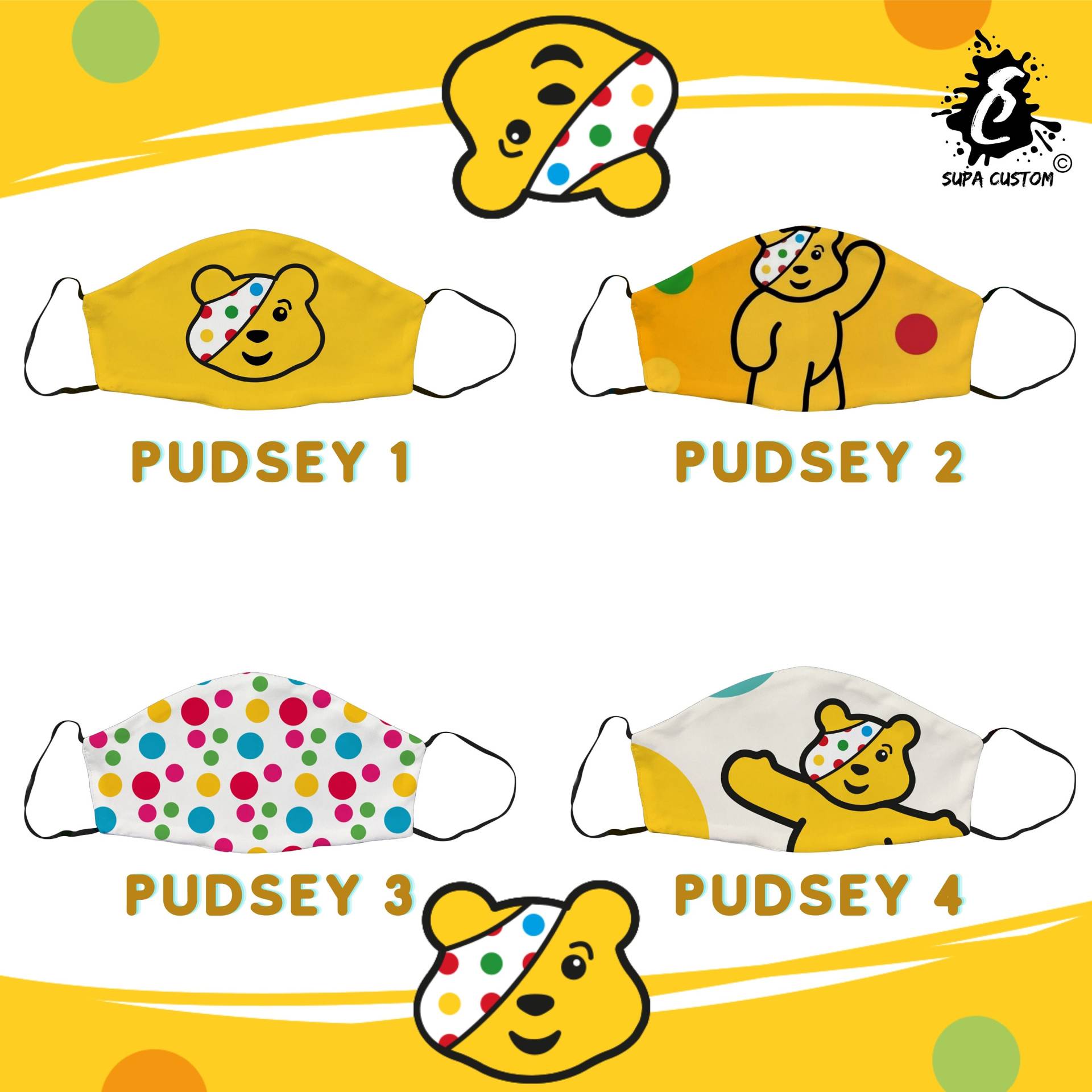 Pudsey Maske, Kinder in Not Gesichtsmaske, Baumwolle Charity Verstellbare Gesichtsbedeckung Mit Filtertasche, Erwachsene Gesichtsmaske Geschenk Uk von SupaCustom