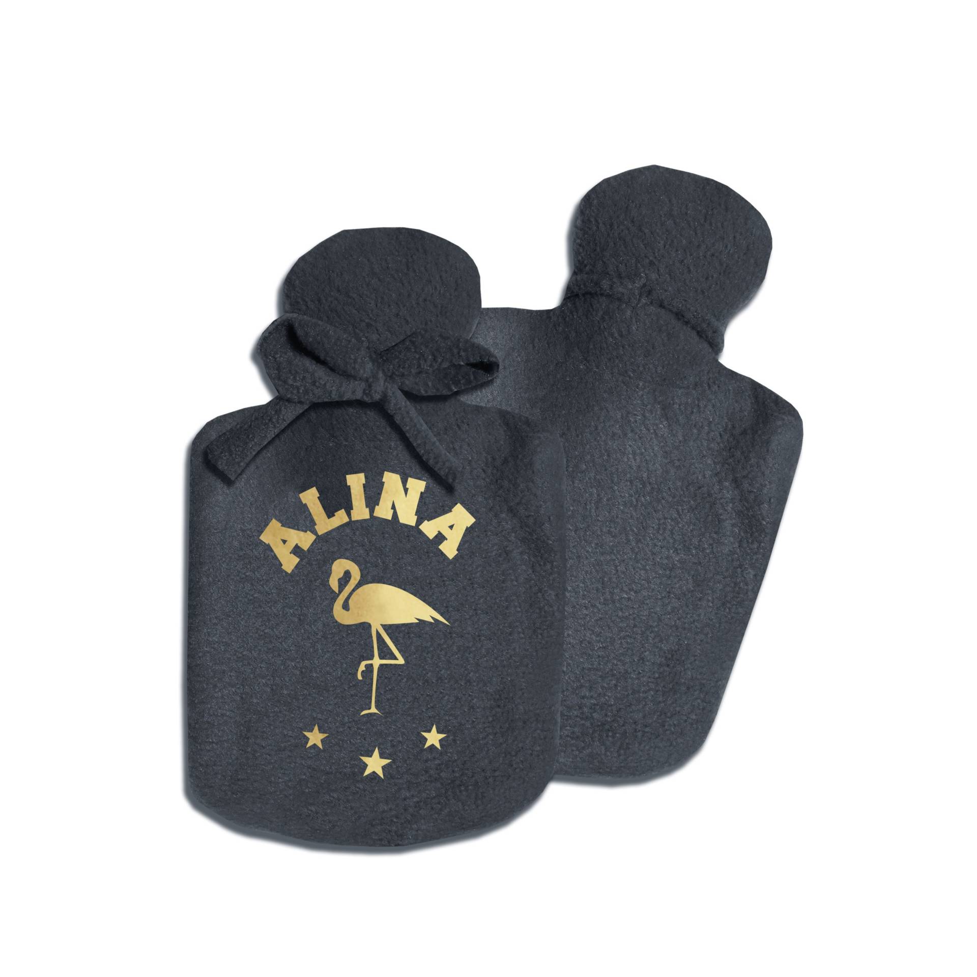 Suparina Personalisierter Wärmflasche Schwarz Mit Namen Und Motiv Flamingo Gold, Kalt Oder Warm Befüllbar, Weicher Kuschel-Fleece, 28x16 cm von SupaRina