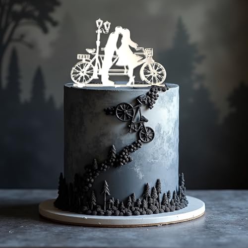 Verlobungs-Kuchenaufsatz mit Fahrrad und Figuren, silberner Spiegel von Super Cool Creations