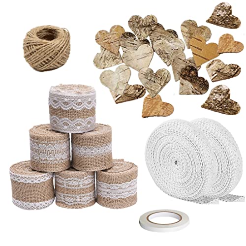 Super Idee 50stk. Birkenherzen + 12 M Juteband mit Spitze + 10 M Spitzenband weiß Vintage + 8 M Doppelseitiges Klebeband + 20 M Bastelschnur für Hochzeitsdeko DIY Basteln Geschenkverpackung von Super Idee