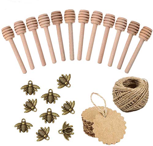 Super Idee 50stk. Vintage Bronze Biene mit Ösen+50stk. Holz Honiglöffel+50stk. Kraftpapier Etiketten+20m Bastelschnur für Honiggläser Gläser Deko DIY als Gastgeschenk bei Hochzeit Taufe Dankeschön von Super Idee