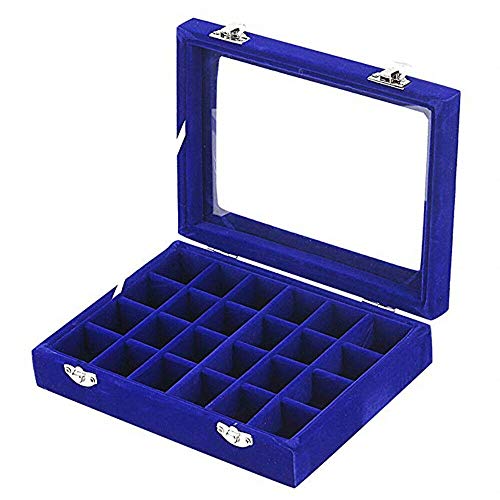 SuperglockT 24 Gitter Schmucktablett Samt Schmuckaufbewahrung Vorlagebrett kratzfest Schmuckdisplay Schmuckschatulle mit Glasdeckel für Ohrringe Kette Broschen 20x15x5cm (Marineblau) von SuperglockT