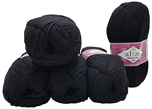 5 x 100 Gramm Sockenwolle einfarbig 60 schwarz, 75% Schurwolle, 500 Gramm Wolle für Stricksocken und Strümpfe von Superwash