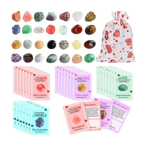 Suphyee 28 Sets Valentines Day Cards Natural Gemstone Crystals Rocks Minerals Bulk | Valentines Day Cards for Kids School,Valentine Exchange Card for Kids Girls Boys School Class Favors von Suphyee