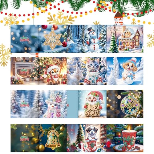 Suphyee Weihnachts-Strasskunst, Weihnachts-Strass-Gemäldekarte,12X Weihnachtsbasteleien für Kinder | Weihnachtskarten-Bastelset, lustige handgemachte 5D-Aktivitäts-Weihnachtsaufkleber für Kinder und von Suphyee