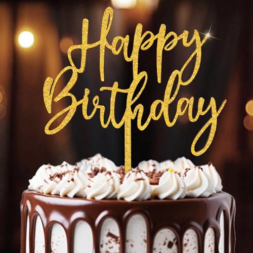 Happy Birthday Tortendeko aus Holz, Goldener Glitzer 'Happy Birthday' Cake Topper, Kuchen Deko für Mädchen Jungen Frauen Mann Größe 16x 20cm von SupreLuck