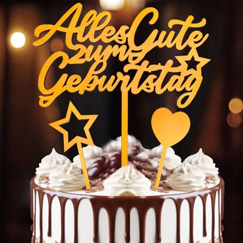 Tortendeko Alles Gute zum Geburtstag Happy Birthday Tortendeko aus Holz Gold, Tortendeko Geburtstag Cake Topper mit Sternen Liebe Fügen Sie, Tortendeko Gold für Mädchen Jungen Frauen Mann von SupreLuck