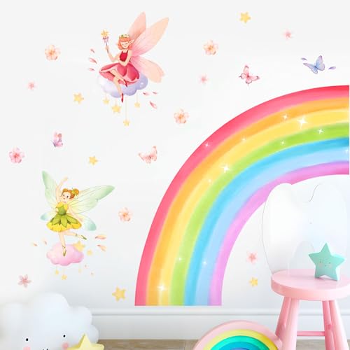 Supzone Regenbogen Blume Fee Wandaufkleber, Schmetterling Mädchen Elfen Wandabziehbilder abnehmbare Vinyl Wanddekoration für Mädchen Baby Kinderzimmer Kinder Schlafzimmer Wohnzimmer Badezimmer von Supzone