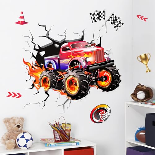 Supzone Wandtattoo 3D Rennwagen Wandaufkleber Schneller Renntruck Wandsticker Durchbrechen Sie die Wand Kunstwerk Dekor für Jungenzimmer Kinderzimmer Babyzimmer Schlafzimmer Wanddeko von Supzone