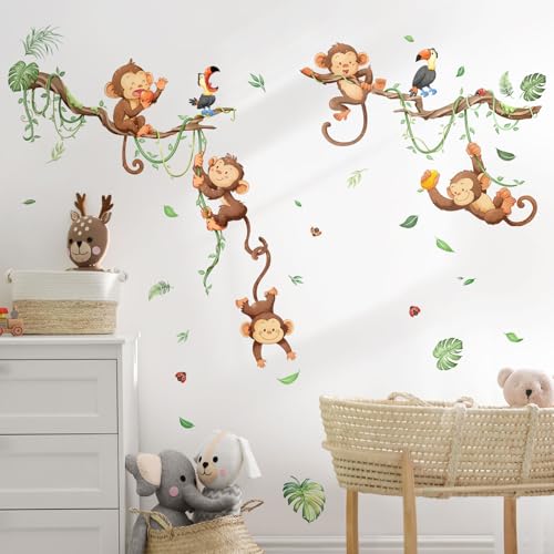 Supzone Wandtattoo Affe klettert auf Baum Wandaufkleber Hängende Weinblätter Wandsticker Dschungel Jungenzimmer Wand Dekor für Kinderzimmer Babyzimmer Schlafzimmer Wanddeko von Supzone