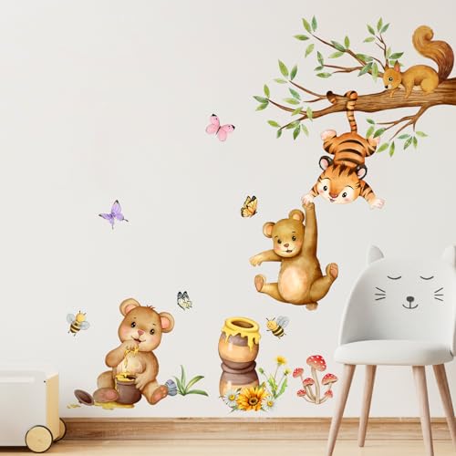 Supzone Wandtattoo Bär schwingt für Honig Wandaufkleber Waldtiere Tiger Eichhörnchen Wandsticker für Jungenzimmer Kinderzimmer Babyzimmer Schlafzimmer Wanddeko von Supzone