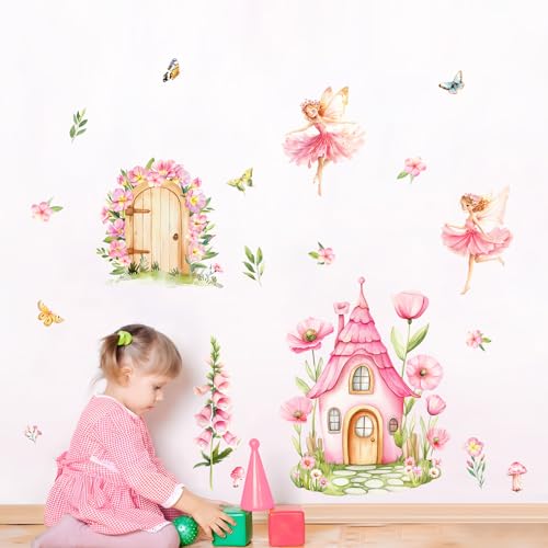 Supzone Wandtattoo Feen Elfen Schmetterling Wandaufkleber Rosa Blumen Cottage Türen Wandsticker Abziehen und ankleben für Mädchenzimmer Kinderzimmer Babyzimmer Schlafzimmer Türen Wanddeko von Supzone