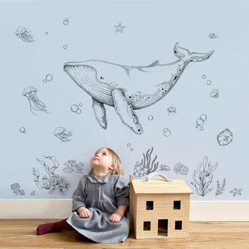 Supzone Wandtattoo Großn Whale Schwarzer und weißer Wandaufkleber Fisch Quallen Seetang Gras Wandsticker Unter dem Meer für Kinderzimmer Babyzimmer Badezimmer Wanddeko von Supzone