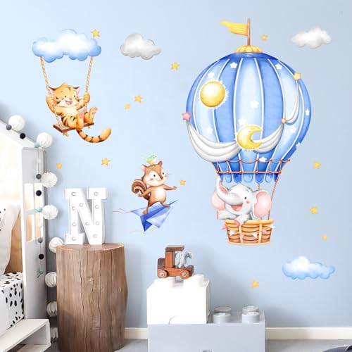 Supzone Wandtattoo Heißluftballon Tiere Wandaufkleber Cartoon Elefant Tiger Eichhörnchen Kinderzimmer Wandsticker Abziehen und ankleben für Kinderzimmer Babyzimmer Schlafzimmer Türen Wanddeko von Supzone