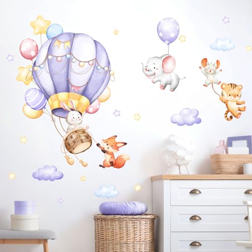 Supzone Wandtattoo Lila Heißluftballon Tiere Wandaufkleber Hase Fuchs Elefant Tiger Wandsticker Mädchenzimmer Abnehmbar Wanddekor für Kinderzimmer Babyzimmer Schlafzimmer Türen Wanddeko von Supzone