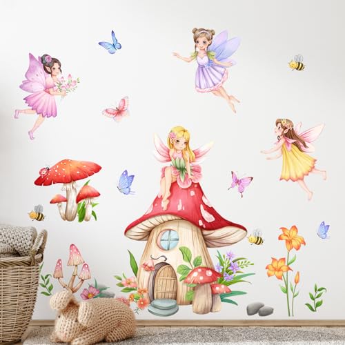 Supzone Wandtattoo Pilzhaus Fee Wandaufkleber Blume Elf Schmetterling Wandsticker Mädchenzimmer Abziehen und Ankleben Wanddekor für Kinderzimmer Babyzimmer Schlafzimmer Türen Wanddeko von Supzone