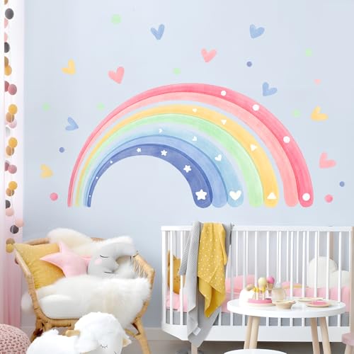 Supzone Wandtattoo Regenbogen Groß 150x76cm, Wandaufkleber Aquarell Regenbogen Herzen Wandsticker Selbstklebende für Mädchen Kinderzimmer Babyzimmer Schlafzimmer Wanddeko von Supzone