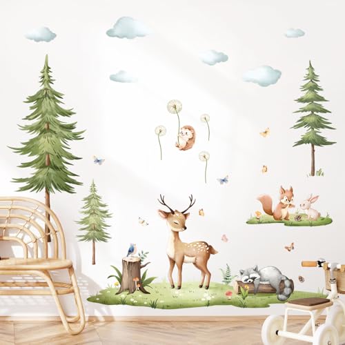 Supzone Wandtattoo Waldtier Hirsch Wandaufkleber Aquarell Kiefer Rasen Wandsticker Jungenzimmer Wand Dekor für Kinderzimmer Babyzimmer Schlafzimmer Wanddeko von Supzone