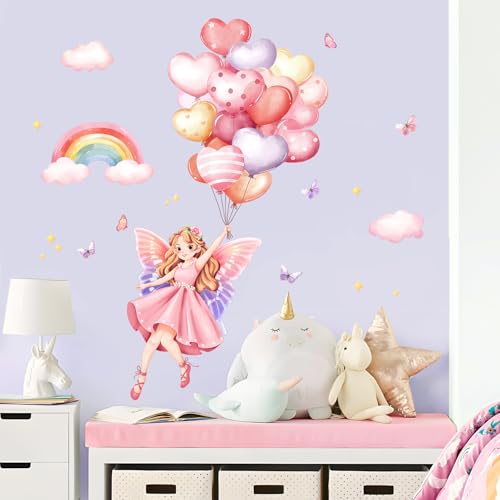 Supzone Wandtattoo rosa Fee Ballons Wandaufkleber Regenbogen Wolke Wandsticker Mädchenzimmer Abziehen und Ankleben Wanddekor für Kinderzimmer Babyzimmer Schlafzimmer Türen Wanddeko von Supzone