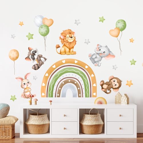 Supzone Wandtattoo Dschungeltiere Löwe Elefant Affe Kaninchen Wandaufkleber Regenbogen Ballon Stern Wandsticker Jungenzimmer Wand Dekor für Kinderzimmer Babyzimmer Schlafzimmer Wanddeko von Supzone