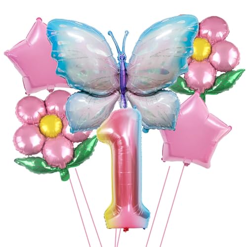 1 Jahre Schmetterling Geburtstag Deko,Geburtstagsdeko Schmetterling Deko 1 Jahre Partyzubehörset,Schmetterling Luftballon Folienballon Zahlen-Ballon Zahl 1 Happy Birthday Deko Kinder Mädchen Party von Surakey