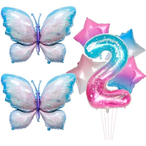 2 Jahre Schmetterling Deko Geburtstag, Luftballon Schmetterling Geburtstag Deko, Geburtstagsdeko Mädchen, Zahlen-Ballon Zahl 2 Luftballon, Feen Geburtstag Deko für Party Deko Geburtstag Mädchen von Surakey