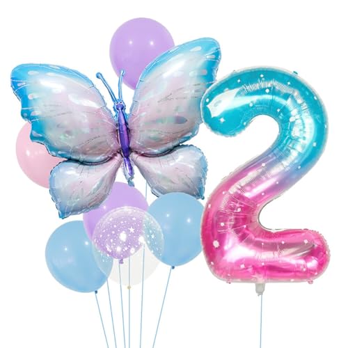 2 Jahre Schmetterling Deko Geburtstag, Luftballon Schmetterling Geburtstag Deko, Geburtstagsdeko Mädchen, Zahlen-Ballon Zahl 2 Luftballon, Feen Geburtstag Deko für Party Deko Geburtstag Mädchen von Surakey