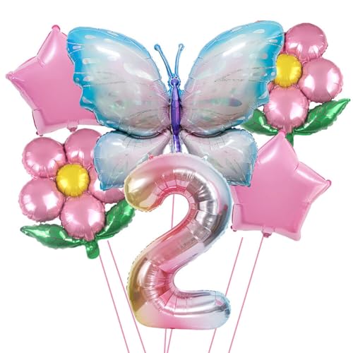 2 Jahre Schmetterling Geburtstag Deko,Geburtstagsdeko Schmetterling Deko 2 Jahre Partyzubehörset,Schmetterling Luftballon Folienballon Zahlen-Ballon Zahl 2 Happy Birthday Deko Kinder Mädchen Party von Surakey