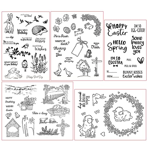 5 Blätter Clear Stamp Ostern, Silikonstempel Ostern, Silikon Stempel OsterHasen Ostereier Silikonstempel Frühling Stempel Set für DIY Bullet Journal Scrapbooking Fotoalbum Ostern Stempelset von Surakey