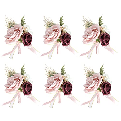 6 Stück Hochzeit Boutonniere Blumen Handgelenk Corsage Gästeanstecker Hochzeit Zubehör Künstliche Rose Blumen Anstecker Bräutigam Hochzeitsanstecker für Braut Brautjungfer Gäste Herren Damen Party von Surakey