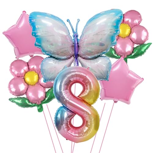 8 Jahre Schmetterling Geburtstag Deko,Geburtstagsdeko Schmetterling Deko 8 Jahre Partyzubehörset,Schmetterling Luftballon Folienballon Zahlen-Ballon Zahl 8 Happy Birthday Deko Kinder Mädchen Party von Surakey