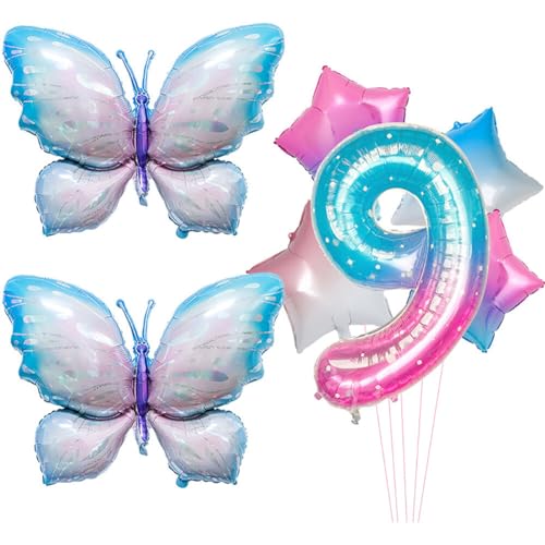 9 Jahre Schmetterling Deko Geburtstag, Luftballon Schmetterling Geburtstag Deko, Geburtstagsdeko Mädchen, Zahlen-Ballon Zahl 9 Luftballon, Feen Geburtstag Deko für Party Deko Geburtstag Mädchen von Surakey