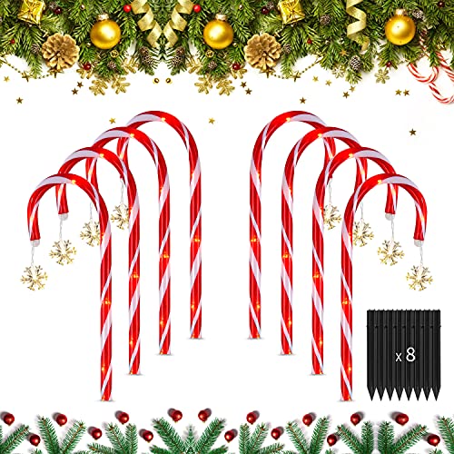 Festive LED Solar Lichterkette - 8 Stück Weihnachten Schneeflocke Beleuchtete Zuckerstangen Lichter Weihnachtsweg Marker für Garten Dekoration Gartenstecker Balkon Weihnachtsbeleuchtung Deko Außen von Surakey