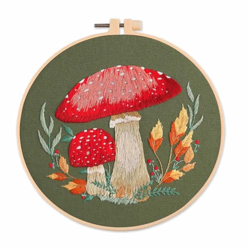 Pilz Stickerei Set Anfänger, Kreuzstich Starter kit mit Anleitung, 20cm Stickrahmen Erwachsene Anfänger Sticksets DIY Stickerei Zubehör Set Kreuzstich Stickbilder Set für Kunst Handwerk Nähen von Surakey