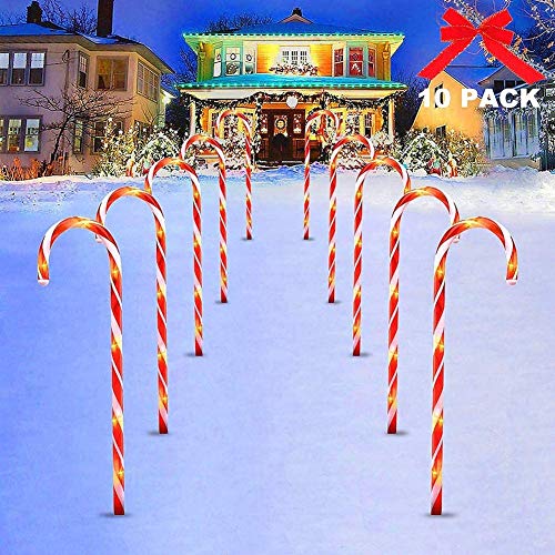 Surakey Festive LED Lichterkette - 10 Stück Weihnachten Beleuchtete Zuckerstangen Lichter Weihnachtsweg Marker, für Garten Dekoration, Gartenstecker Balkon Weihnachtsbeleuchtung Deko Außen von Surakey