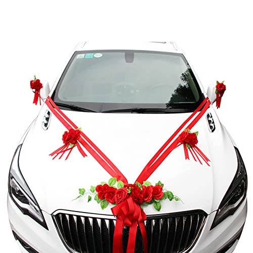 Surakey Hochzeit Auto Schmuck Braut Paar Rose Deko Autoschmuck Autodeko Auto Blumenschmuck Hochzeit Car Auto Blumen Wedding Dekoration Girlande Hochzeitsschmuck Hochzeitsauto Deko,Rot von Surakey