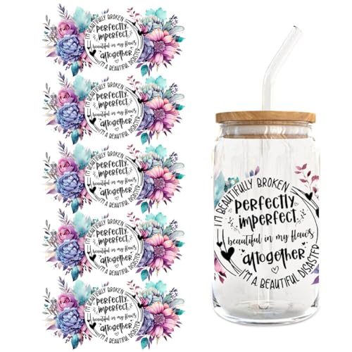 UV DTF Tasse Wrap Transfer Sticker,5 Blätter Rub on Transferaufkleber Aesthetic für Glas Kaffee Becher Wasserdicht Blumen Transfer Sticker Transferfolie für 16oz Glasbecher Glas Tassen Dekor von Surakey