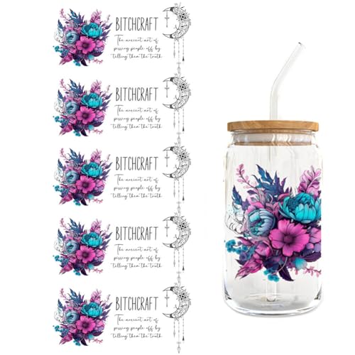 UV DTF Tasse Wrap Transfer Sticker,5 Blätter Rub on Transferaufkleber Aesthetic für Glas Kaffee Becher Wasserdicht Blumen Transfer Sticker Transferfolie für 16oz Glasbecher Glas Tassen Dekor von Surakey