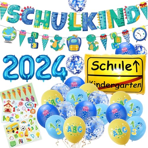 Surcotto Einschulung Deko Junge & Mädchen 2024, Blau Einschulung Deko Set, SCHULKIND Banner + 2024 Ballon Deko + Einschulung Folienballon + 22 Luftballon + 3 Sticker, Schulanfang Schuleinführung Deko von Surcotto