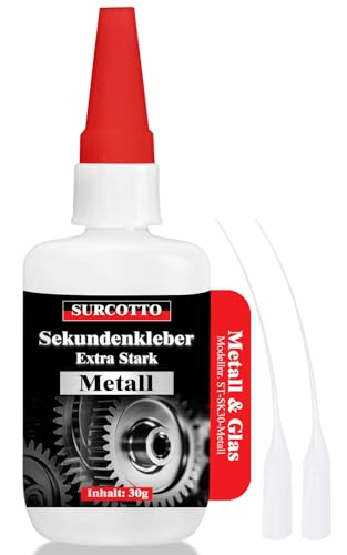 Sekundenkleber Metall extra stark 30g, Surcotto Metallkleber extra stark wasserfest, hitzebeständig, flüssig, transparent, Metall Kleber zum Verkleben von Metallen aller Art von Surcotto