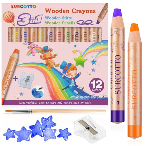 Surcotto 3 in 1 Holz-Wachskreiden/Aquarell-Wachsmalstifte - Wasserlöslich - 12er Pack mit 1 Spitzer & 1 Pinsel, Dicke Buntstifte für Kinder, Malstifte für Kleinkinder Mädchen Junge Starter, Mehrfarbig von Surcotto