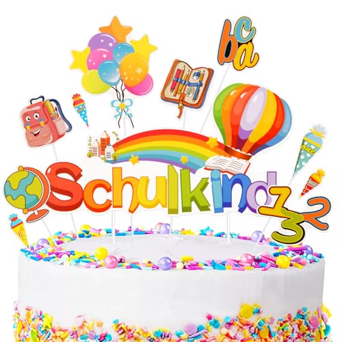 Tortendeko Einschulung, Surcotto Einschulung Tortendeko, Kuchendeko Schulanfang, Cake Topper für schulkind, Schultüten Cake Topper ABC 123 Tortenaufsätze Torten Muffin Deko von Surcotto