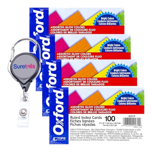 Set mit einziehbaren Ausweishaltern – 4 cm – und neonfarbene Karteikarten, 7,6 x 12,7 cm, liniert, verschiedene Farben, 100 Stück pro Packung (402, 4 Stück) von Suretails
