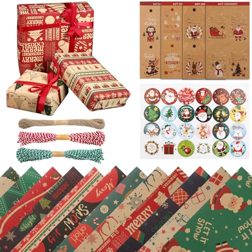 12 Stück Geschenkpapier Weihnachten, Weihnachten Geschenkpapier set mit 3x10m Schnur, 16 Anhänger und 24 Weihnachtsaufkleber, perfekt für die Verpackung von Weihnachtsgeschenken von Surflyee