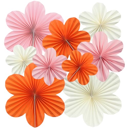 Surflyee 9 Stück Papierblumen Deko Hängend, Blumen Papier Deko, Fächer Dekoration, Papier Blumen Hängende für Geburtstagsfeiern, Zusammenkünfte, Hochzeiten, Babypartys, Rosa Orange Weiß Papierblumen von Surflyee